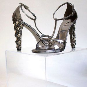 MIU MIU Silver Strappy Jewel Stone Heels 8 1/2
